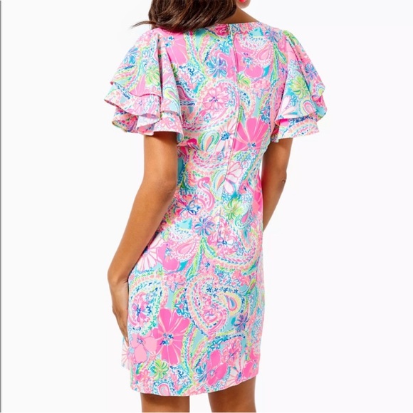 Lilly Pulitzer | Anniston Flock Full of Fun Pink Floral Dress w/ Flutter Sleeves - Picture 2 of 9